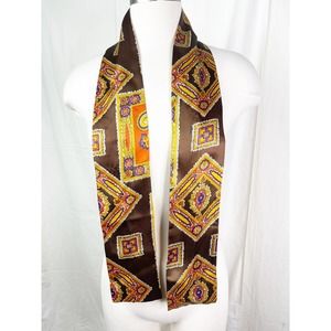 Vintage Brown Silky Retro Patterned Twilly Scarf - Handbag Scarf